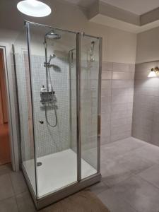 y baño con ducha y puerta de cristal. en Wide and comfortable Spa House Sea 3 min en Mezhtsiyems
