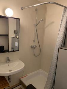 a bathroom with a sink and a shower at Apartment am See in Scharbeutz