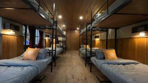 a row of bunk beds in a train car at Trippers hostel in Darjeeling