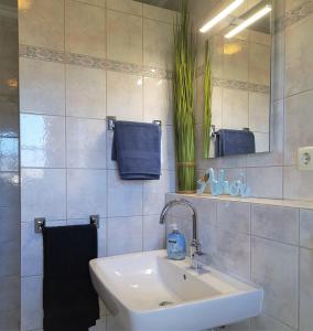 y baño con lavabo, espejo y toallas azules. en Ferienhaus Helmsand 2, en Friedrichskoog