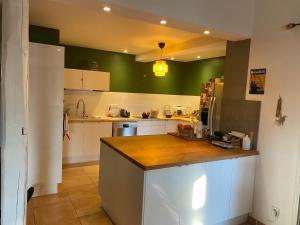 una cocina con armarios blancos y paredes verdes en Villa des Oliviers, en Baillargues