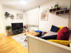 een woonkamer met een bank en een televisie bij Apartment Dada in Zagreb