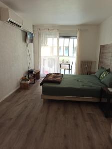 1 dormitorio con cama verde y ventana grande en COSY studio, en Marsella