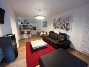 a living room with a couch and a red rug at Haus "Zum Schwarzen Stiefel" in Bamberg