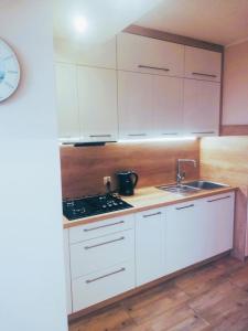 ブワディスワボボにあるApartament 24のキッチン(白いキャビネット、コンロ、シンク付)
