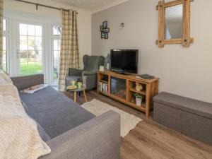 a living room with a couch and a tv at Cwtch Carys in Cardigan