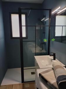 uma casa de banho com um lavatório, um espelho e uma banheira em Appartement T2 Sanary sur mer em Sanary-sur-Mer