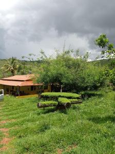 a house in a field of green grass with a building at Recanto das Aves in Botumirim