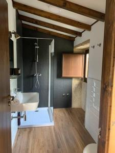 La salle de bains est pourvue d'une douche, d'un lavabo et de toilettes. dans l'établissement Lugar do Curro, San Martiño de Ozón, à Muxía