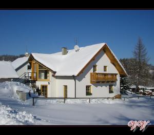 dom z pokrytym śniegiem dachem i balkonem w obiekcie Apartment Veronika w mieście Přední Výtoň