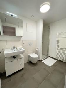 uma casa de banho com um WC, um lavatório e um chuveiro em helloYOU Apartments em Ingelheim am Rhein