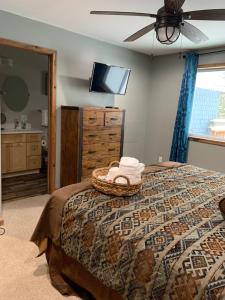 - une chambre avec un lit et un ventilateur de plafond dans l'établissement Two Much Fun, à Swanton