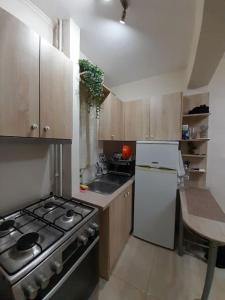cocina con fogones y nevera blanca en little apartment in kanoni en Análipsis