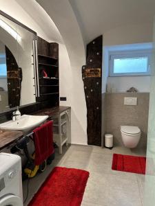 uma casa de banho com um lavatório e um WC em Wood Apartement em Lambichl