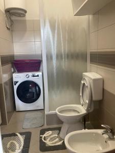 a bathroom with a washing machine and a toilet at Apartment La Mar in Pula