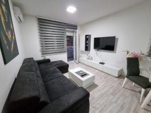 uma sala de estar com um sofá preto e uma televisão em Silver city 1 em Jagodina