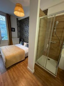 una camera con letto e doccia in vetro di Hotel Val De Loire a Tours