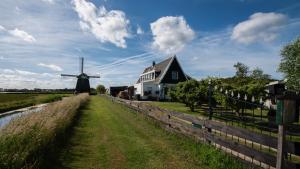 um moinho de vento ao lado de uma casa e um celeiro em de Veldwachter em 't Zand