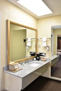 baño con lavabo y espejo grande en Rodeway Inn Harbison Area en Columbia