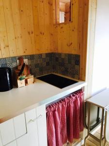 a kitchen with a counter top with red curtains at Cosy Private Cabin with parking in good location in Oxford