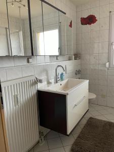 ein Bad mit einem Waschbecken und einem Spiegel in der Unterkunft Zentrale großzügige Dachterassen Whg am Stadtpark in 15 Min mit U-Bahn zur Messe in Nürnberg