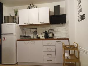 een keuken met witte kasten en een koelkast bij Skyloft Zagreb in Zagreb