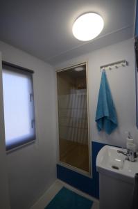 uma casa de banho com um lavatório e uma cabina de duche em vidro. em Owls Camp em Karwieńskie Błoto Drugie