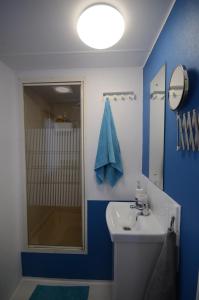 ein blau-weißes Bad mit einem Waschbecken und einer Dusche in der Unterkunft Owls Camp in Karwieńskie Błoto Drugie