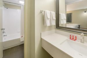 a bathroom with a sink and a mirror at SureStay Hotel by Best Western Columbus Downtown in Columbus +23 photos
