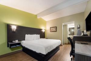 コロンバスにあるSureStay Hotel by Best Western Columbus Downtownのベッドとデスクが備わるホテルルームです。