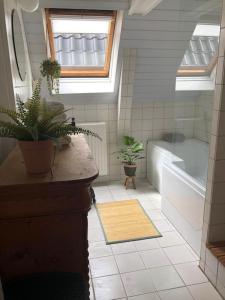 a bathroom with plants and a shower and a tub at De Scheve Deur in Vollenhove
