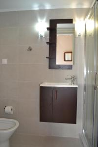 y baño con lavabo, aseo y espejo. en Villa “Serenity”, en Agios Leon