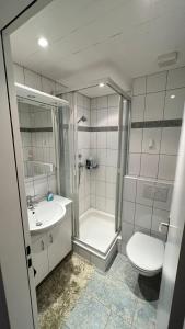 a bathroom with a shower and a toilet and a sink at Eigenes Studio (Apartment) in Biel