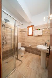 a bathroom with a shower and a toilet and a sink at Alexatos Studios & Apartments in Ayia Evfimia