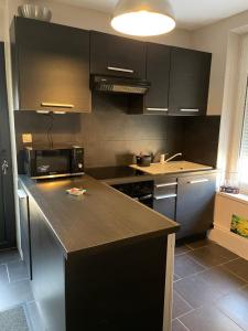 une cuisine avec des armoires noires et un comptoir dans l'établissement Agréable maison de ville à Pacy sur eure, à Pacy-sur-Eure