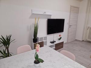 een woonkamer met een tafel met stoelen en een televisie bij La Dolce Vita apartment in Rome in Rome