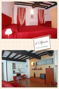 sala de estar y dormitorio con cama roja en Il Sipario, en Ferrara