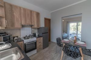 a kitchen with stainless steel appliances and wooden cabinets at Kos Helios House in Psalidi