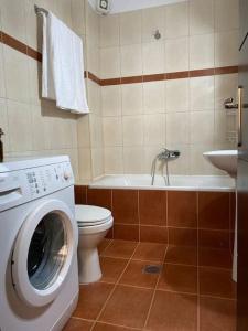 uma casa de banho com uma máquina de lavar roupa e um WC em Raise Mirivili Serviced Apartment em Alexandroúpolis