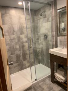 a bathroom with a shower and a sink at La Galouine Auberge in Tadoussac