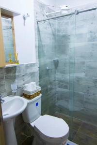 a bathroom with a shower and a toilet and a sink at Moderno loft en el centro de Pereira in Pereira