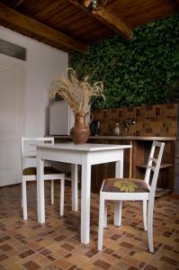 una mesa blanca y sillas con un jarrón. en Nótás Tücsök Vendégház, en Agyagosszergény