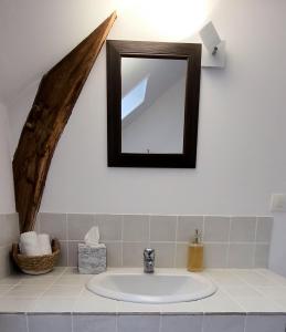 a bathroom with a sink and a mirror on the wall at Le Petit Lavoir - Maison Cosy à Mayet in Mayet +10 photos