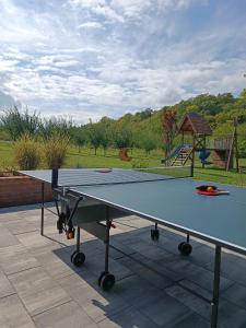 uma mesa de pingue-pongue num pátio com um parque infantil em Fruska em Sremski Karlovci