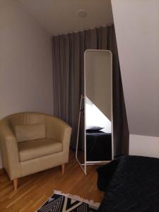 a room with a mirror and a chair at Maple Park Apartment in Kaunas