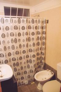 baño con cortina de ducha en blanco y negro y aseo en El Palomar Alquiler en Posadas
