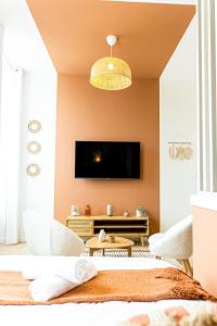 salon z telewizorem z płaskim ekranem na ścianie w obiekcie Le Terracotta - Superbe appartement - Hyper centre w mieście Le Mans