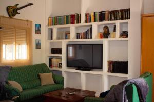 a living room with a green couch and a flat screen tv at Casa Rural Los Naranjo in Jerez de los Caballeros