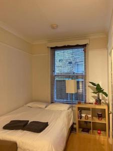 een slaapkamer met een bed en een raam met een plant bij Cosy Studio West Hampstead in Londen