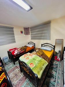 2 Einzelbetten in einem Zimmer mit einem Teppich in der Unterkunft Petra Heritage House in Wadi Musa